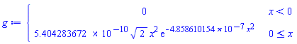 piecewise(x < 0, 0, 0 <= x, 0.5404283672e-9*2^(1/2)*x^2*exp(-0.4858610154e-6*x^2))