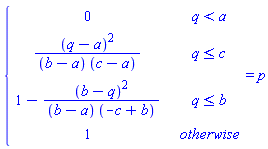 piecewise(q < a, 0, q <= c, (q-a)^2/((b-a)*(c-a)), q <= b, 1-(b-q)^2/((b-a)*(-c+b)), 1) = p