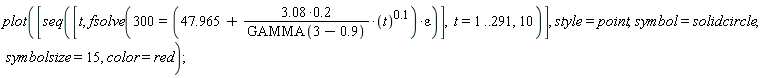plot([seq([t, fsolve(300 = (47.965+(3.08*.2)*t^.1/GAMMA(3-.9))*epsilon)], t = 1 .. 291, 10)], style = point, symbol = solidcircle, symbolsize = 15, color = red)
