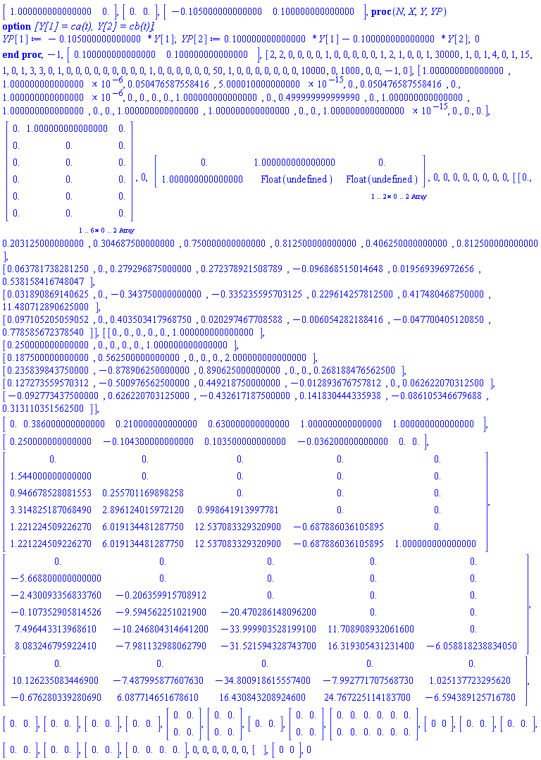 Vector[row](2, {(1) = 1., (2) = 0.}), Vector[row](2, {(1) = 0., (2) = 0.}), Vector[row](2, {(1) = -.105000000000000, (2) = .100000000000000}), proc (N, X, Y, YP) option `[Y[1] = ca(t), Y[2] = cb(t)]`; YP[1] := (-1)*.105000000000000*Y[1]; YP[2] := .100000000000000*Y[1]+(-1)*.100000000000000*Y[2]; 0 end proc, -1, Vector[row](2, {(1) = .100000000000000, (2) = .100000000000000}), Vector[row](65, {(1) = 2, (2) = 2, (3) = 0, (4) = 0, (5) = 0, (6) = 0, (7) = 1, (8) = 0, (9) = 0, (10) = 0, (11) = 0, (12) = 0, (13) = 1, (14) = 2, (15) = 1, (16) = 0, (17) = 0, (18) = 1, (19) = 30000, (20) = 1, (21) = 0, (22) = 1, (23) = 4, (24) = 0, (25) = 1, (26) = 15, (27) = 1, (28) = 0, (29) = 1, (30) = 3, (31) = 3, (32) = 0, (33) = 1, (34) = 0, (35) = 0, (36) = 0, (37) = 0, (38) = 0, (39) = 0, (40) = 0, (41) = 0, (42) = 0, (43) = 1, (44) = 0, (45) = 0, (46) = 0, (47) = 0, (48) = 0, (49) = 0, (50) = 50, (51) = 1, (52) = 0, (53) = 0, (54) = 0, (55) = 0, (56) = 0, (57) = 0, (58) = 0, (59) = 10000, (60) = 0, (61) = 1000, (62) = 0, (63) = 0, (64) = -1, (65) = 0}), Vector[row](28, {(1) = 1., (2) = 1.00000000000000*(1/1000000), (3) = 0.504765875584155e-1, (4) = 5.00001000000000*(1/1000000000000000), (5) = 0., (6) = 0.504765875584155e-1, (7) = 0., (8) = 1.00000000000000*(1/1000000), (9) = 0., (10) = 0., (11) = 0., (12) = 0., (13) = 1., (14) = 0., (15) = .499999999999990, (16) = 0., (17) = 1., (18) = 1., (19) = 0., (20) = 0., (21) = 1., (22) = 1., (23) = 0., (24) = 0., (25) = 1.00000000000000*(1/1000000000000000), (26) = 0., (27) = 0., (28) = 0.}), Array(1..6, 0..2, {(1, 1) = .8758457905848228, (1, 2) = .9121381606660928, (2, 0) = .9121381606660928, (2, 1) = 0.8006442103497206e-1, (2, 2) = 1.0962744218225748, (3, 0) = 1.0962744218225748, (3, 1) = .8912691536438646, (3, 2) = 0.9797584316374096e-1, (4, 0) = 0.9797584316374096e-1, (4, 1) = 1.316703053060327, (4, 2) = .8708776141403536, (5, 0) = .8708776141403536, (5, 1) = .11504702599633022, (5, 2) = 1.5371316842980791, (6, 0) = 1.5371316842980791, (6, 1) = .8509526190302513, (6, 2) = .13130657350916902}, datatype = float[8], order = C_order), 0, Array(1..2, 0..2, {(1, 1) = .0, (1, 2) = 1.0, (2, 0) = 1.0, (2, 1) = .0, (2, 2) = 1.0}, datatype = float[8], order = C_order), 0, 0, 0, 0, 0, 0, 0, 0, Matrix(4, 7, {(1, 1) = 0., (1, 2) = .203125000000000, (1, 3) = .304687500000000, (1, 4) = .750000000000000, (1, 5) = .812500000000000, (1, 6) = .406250000000000, (1, 7) = .812500000000000, (2, 1) = 0.637817382812500e-1, (2, 2) = 0., (2, 3) = .279296875000000, (2, 4) = .272378921508789, (2, 5) = -0.968685150146484e-1, (2, 6) = 0.195693969726562e-1, (2, 7) = .538158416748047, (3, 1) = 0.318908691406250e-1, (3, 2) = 0., (3, 3) = -.343750000000000, (3, 4) = -.335235595703125, (3, 5) = .229614257812500, (3, 6) = .417480468750000, (3, 7) = 11.4807128906250, (4, 1) = 0.971052050590515e-1, (4, 2) = 0., (4, 3) = .403503417968750, (4, 4) = 0.202974677085876e-1, (4, 5) = -0.605428218841553e-2, (4, 6) = -0.477004051208496e-1, (4, 7) = .778585672378540}), Matrix(6, 6, {(1, 1) = 0., (1, 2) = 0., (1, 3) = 0., (1, 4) = 0., (1, 5) = 0., (1, 6) = 1., (2, 1) = .250000000000000, (2, 2) = 0., (2, 3) = 0., (2, 4) = 0., (2, 5) = 0., (2, 6) = 1., (3, 1) = .187500000000000, (3, 2) = .562500000000000, (3, 3) = 0., (3, 4) = 0., (3, 5) = 0., (3, 6) = 2., (4, 1) = .235839843750000, (4, 2) = -.878906250000000, (4, 3) = .890625000000000, (4, 4) = 0., (4, 5) = 0., (4, 6) = .268188476562500, (5, 1) = .127273559570312, (5, 2) = -.500976562500000, (5, 3) = .449218750000000, (5, 4) = -0.128936767578125e-1, (5, 5) = 0., (5, 6) = 0.626220703125000e-1, (6, 1) = -0.927734375000000e-1, (6, 2) = .626220703125000, (6, 3) = -.432617187500000, (6, 4) = .141830444335938, (6, 5) = -0.861053466796875e-1, (6, 6) = .313110351562500}), Vector[row](6, {(1) = 0., (2) = .386000000000000, (3) = .210000000000000, (4) = .630000000000000, (5) = 1., (6) = 1.}), Vector[row](6, {(1) = .250000000000000, (2) = -.104300000000000, (3) = .103500000000000, (4) = -0.362000000000000e-1, (5) = 0., (6) = 0.}), Matrix(6, 5, {(1, 1) = 0., (1, 2) = 0., (1, 3) = 0., (1, 4) = 0., (1, 5) = 0., (2, 1) = 1.54400000000000, (2, 2) = 0., (2, 3) = 0., (2, 4) = 0., (2, 5) = 0., (3, 1) = .946678528081553, (3, 2) = .255701169898258, (3, 3) = 0., (3, 4) = 0., (3, 5) = 0., (4, 1) = 3.31482518706849, (4, 2) = 2.89612401597212, (4, 3) = .998641913997781, (4, 4) = 0., (4, 5) = 0., (5, 1) = 1.22122450922627, (5, 2) = 6.01913448128775, (5, 3) = 12.5370833293209, (5, 4) = -.687886036105895, (5, 5) = 0., (6, 1) = 1.22122450922627, (6, 2) = 6.01913448128775, (6, 3) = 12.5370833293209, (6, 4) = -.687886036105895, (6, 5) = 1.}), Matrix(6, 5, {(1, 1) = 0., (1, 2) = 0., (1, 3) = 0., (1, 4) = 0., (1, 5) = 0., (2, 1) = -5.66880000000000, (2, 2) = 0., (2, 3) = 0., (2, 4) = 0., (2, 5) = 0., (3, 1) = -2.43009335683376, (3, 2) = -.206359915708912, (3, 3) = 0., (3, 4) = 0., (3, 5) = 0., (4, 1) = -.107352905814526, (4, 2) = -9.59456225102190, (4, 3) = -20.4702861480962, (4, 4) = 0., (4, 5) = 0., (5, 1) = 7.49644331396861, (5, 2) = -10.2468043146412, (5, 3) = -33.9999035281991, (5, 4) = 11.7089089320616, (5, 5) = 0., (6, 1) = 8.08324679592241, (6, 2) = -7.98113298806279, (6, 3) = -31.5215943287437, (6, 4) = 16.3193054312314, (6, 5) = -6.05881823883405}), Matrix(3, 5, {(1, 1) = 0., (1, 2) = 0., (1, 3) = 0., (1, 4) = 0., (1, 5) = 0., (2, 1) = 10.1262350834469, (2, 2) = -7.48799587760763, (2, 3) = -34.8009186155574, (2, 4) = -7.99277170756873, (2, 5) = 1.02513772329562, (3, 1) = -.676280339280690, (3, 2) = 6.08771465167861, (3, 3) = 16.4308432089246, (3, 4) = 24.7672251141837, (3, 5) = -6.59438912571678}), Vector[row](2, {(1) = 0., (2) = 0.}), Vector[row](2, {(1) = 0., (2) = 0.}), Vector[row](2, {(1) = 0., (2) = 0.}), Vector[row](2, {(1) = 0., (2) = 0.}), Matrix(2, 2, {(1, 1) = 0., (1, 2) = 0., (2, 1) = 0., (2, 2) = 0.}), Matrix(2, 2, {(1, 1) = 0., (1, 2) = 0., (2, 1) = 0., (2, 2) = 0.}), Vector[row](2, {(1) = 0., (2) = 0.}), Matrix(2, 2, {(1, 1) = 0., (1, 2) = 0., (2, 1) = 0., (2, 2) = 0.}), Matrix(2, 6, {(1, 1) = 0., (1, 2) = 0., (1, 3) = 0., (1, 4) = 0., (1, 5) = 0., (1, 6) = 0., (2, 1) = 0., (2, 2) = 0., (2, 3) = 0., (2, 4) = 0., (2, 5) = 0., (2, 6) = 0.}), Vector[row](2, {(1) = 0, (2) = 0}), Vector[row](2, {(1) = 0., (2) = 0.}), Vector[row](2, {(1) = 0., (2) = 0.}), Vector[row](2, {(1) = 0., (2) = 0.}), Vector[row](2, {(1) = 0., (2) = 0.}), Vector[row](2, {(1) = 0., (2) = 0.}), Vector[row](4, {(1) = 0., (2) = 0., (3) = 0., (4) = 0.}), 0, 0, 0, 0, 0, 0, Vector[row](0, {}), Vector[row](2, {(1) = 0, (2) = 0}), 0