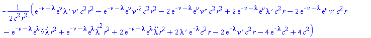 -(1/2)*(exp(-v(r, t)-lambda(r, t))*exp(v(r, t))*(diff(lambda(r, t), r))*(diff(v(r, t), r))*c^2*r^2-exp(-v(r, t)-lambda(r, t))*exp(v(r, t))*(diff(v(r, t), r))^2*c^2*r^2-2*exp(-v(r, t)-lambda(r, t))*exp(v(r, t))*(diff(diff(v(r, t), r), r))*c^2*r^2+2*exp(-v(r, t)-lambda(r, t))*exp(v(r, t))*(diff(lambda(r, t), r))*c^2*r-2*exp(-v(r, t)-lambda(r, t))*exp(v(r, t))*(diff(v(r, t), r))*c^2*r-exp(-v(r, t)-lambda(r, t))*exp(lambda(r, t))*(diff(v(r, t), t))*(diff(lambda(r, t), t))*r^2+exp(-v(r, t)-lambda(r, t))*exp(lambda(r, t))*(diff(lambda(r, t), t))^2*r^2+2*exp(-v(r, t)-lambda(r, t))*exp(lambda(r, t))*(diff(diff(lambda(r, t), t), t))*r^2+2*(diff(lambda(r, t), r))*exp(-lambda(r, t))*c^2*r-2*exp(-lambda(r, t))*(diff(v(r, t), r))*c^2*r-4*exp(-lambda(r, t))*c^2+4*c^2)/(c^2*r^2)