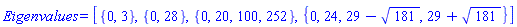 LinearAlgebra:-Eigenvalues = [{0, 3}, {0, 28}, {0, 20, 100, 252}, {0, 24, 29-181^(1/2), 29+181^(1/2)}]