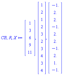 CB, R, X := Vector(5, {(1) = 1, (2) = 3, (3) = 6, (4) = 9, (5) = 11}), Vector(10, {(1) = 1, (2) = 2, (3) = 1, (4) = 2, (5) = 3, (6) = 2, (7) = 3, (8) = 4, (9) = 3, (10) = 4}), Vector(10, {(1) = -1., (2) = 2., (3) = 2., (4) = -1., (5) = 2., (6) = 2., (7) = -1., (8) = 2., (9) = 1., (10) = -1.})