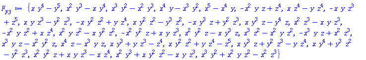 {x*y^4-y^5, x^2*y^3-x*y^4, x^3*y^2-x^2*y^3, x^4*y-x^3*y^2, x^5-x^4*y, -x^2*y*z+z^4, x*z^4-y*z^4, -x*y*z^3+z^5, x*y*z^3-y^2*z^3, -x*y^2*z^2+y*z^4, x*y^2*z^2-y^3*z^2, -x*y^3*z+y^2*z^3, x*y^3*z-y^4*z, x^2*z^3-x*y*z^3, -x^2*y*z^2+x*z^4, x^2*y*z^2-x*y^2*z^2, -x^2*y^2*z+x*y*z^3, x^2*y^2*z-x*y^3*z, x^3*z^2-x^2*y*z^2, -x^3*y*z+x^2*z^3, x^3*y*z-x^2*y^2*z, x^4*z-x^3*y*z, x*y^3+y*z^3-z^4, x*y^2*z^2+y*z^4-z^5, x*y^3*z+y^2*z^3-y*z^4, x*y^4+y^3*z^2-y^2*z^3, x^2*y^2*z+x*y*z^3-x*z^4, x^2*y^3+x*y^2*z^2-x*y*z^3, x^3*y^2+x^2*y*z^2-x^2*z^3}