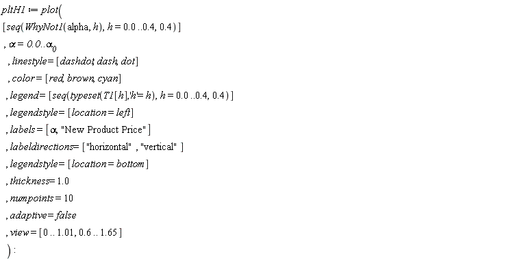 pltH1 := plot([seq(WhyNot1(alpha, h), h = 0. .. .4, .4)], alpha = 0. .. `&alpha;__0`, linestyle = [dashdot, dash, dot], color = [red, brown, cyan], legend = [seq(typeset(T1[h], 'h' = h), h = 0. .. .4, .4)], legendstyle = [location = left], labels = [alpha, "New Product Price"], labeldirections = ["horizontal", "vertical"], legendstyle = [location = bottom], thickness = 1.0, numpoints = 10, adaptive = false, view = [0 .. 1.01, .6 .. 1.65])