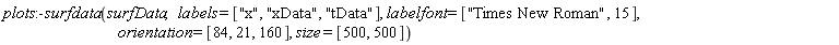 plots:-surfdata(surfData, labels = ["x", "xData", "tData"], labelfont = ["Times New Roman", 15], orientation = [84, 21, 160], size = [500, 500])