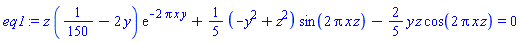z*(1/150-2*y)*exp(-2*Pi*x*y)+(1/5)*(-y^2+z^2)*sin(2*Pi*x*z)-(2/5)*y*z*cos(2*Pi*x*z) = 0