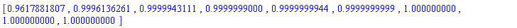 [.9617881807, .9996136261, .9999943111, .9999999000, .9999999944, .9999999999, 1.000000000, 1.000000000, 1.000000000]