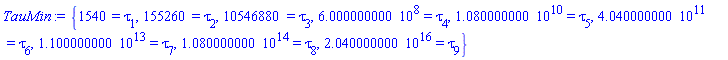 {1540 = tau[1], 155260 = tau[2], 10546880 = tau[3], 600000000.0 = tau[4], 0.1080000000e11 = tau[5], 0.4040000000e12 = tau[6], 0.1100000000e14 = tau[7], 0.1080000000e15 = tau[8], 0.2040000000e17 = tau[9]}