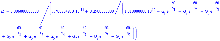 0.6000000000e-2/(0.1700204813e-10+.2500000000/(0.1010000000e11+G[1]*exp(-60./tau[1])+G[2]*exp(-60./tau[2])+G[3]*exp(-60./tau[3])+G[4]*exp(-60./tau[4])+G[5]*exp(-60./tau[5])+G[6]*exp(-60./tau[6])+G[7]*exp(-60./tau[7])+G[8]*exp(-60./tau[8])+G[9]*exp(-60./tau[9])))