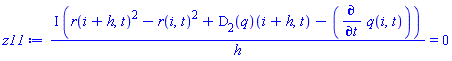I*(r(i+h, t)^2-r(i, t)^2+(D[2](q))(i+h, t)-(diff(q(i, t), t)))/h = 0