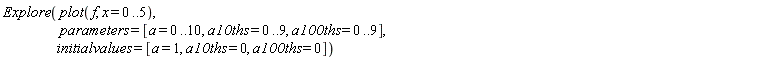 Explore(plot(f, x = 0 .. 5), parameters = [a = 0 .. 10, a10ths = 0 .. 9, a100ths = 0 .. 9], initialvalues = [a = 1, a10ths = 0, a100ths = 0])