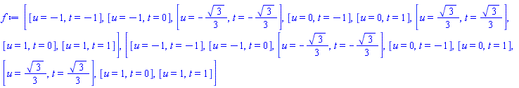 [[u = -1, t = -1], [u = -1, t = 0], [u = -(1/3)*3^(1/2), t = -(1/3)*3^(1/2)], [u = 0, t = -1], [u = 0, t = 1], [u = (1/3)*3^(1/2), t = (1/3)*3^(1/2)], [u = 1, t = 0], [u = 1, t = 1]], [[u = -1, t = -1], [u = -1, t = 0], [u = -(1/3)*3^(1/2), t = -(1/3)*3^(1/2)], [u = 0, t = -1], [u = 0, t = 1], [u = (1/3)*3^(1/2), t = (1/3)*3^(1/2)], [u = 1, t = 0], [u = 1, t = 1]]