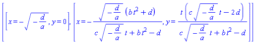 [[x = -(-d/a)^(1/2), y = 0], [x = -(-d/a)^(1/2)*(b*t^2+d)/(c*(-d/a)^(1/2)*t+b*t^2-d), y = t*(c*(-d/a)^(1/2)*t-2*d)/(c*(-d/a)^(1/2)*t+b*t^2-d)]]