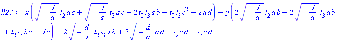 x*((-d/a)^(1/2)*t[2]*a*c+(-d/a)^(1/2)*t[3]*a*c-2*t[2]*t[3]*a*b+t[2]*t[3]*c^2-2*a*d)+y*(2*(-d/a)^(1/2)*t[2]*a*b+2*(-d/a)^(1/2)*t[3]*a*b+t[2]*t[3]*b*c-d*c)-2*(-d/a)^(1/2)*t[2]*t[3]*a*b+2*(-d/a)^(1/2)*a*d+t[2]*c*d+t[3]*c*d