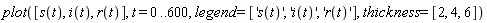plot([s(t), i(t), r(t)], t = 0 .. 600, legend = ['s(t)', 'i(t)', 'r(t)'], thickness = [2, 4, 6])