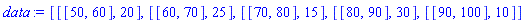 [[[50, 60], 20], [[60, 70], 25], [[70, 80], 15], [[80, 90], 30], [[90, 100], 10]]