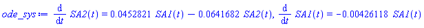 diff(SA2(t), t) = 0.452821e-1*SA1(t)-0.641682e-1*SA2(t), diff(SA1(t), t) = -0.426118e-2*SA1(t)