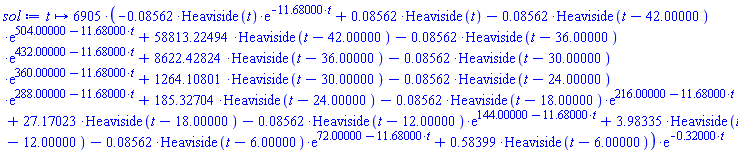 proc (t) options operator, arrow; 6905*(-0.8561643836e-1*Heaviside(t)*exp(-11.68000000*t)+0.8561643836e-1*Heaviside(t)-0.8561643836e-1*Heaviside(t-42.)*exp(504.-11.68000000*t)+58813.22494*Heaviside(t-42.)-0.8561643836e-1*Heaviside(t-36.)*exp(432.-11.68000000*t)+8622.428242*Heaviside(t-36.)-0.8561643836e-1*Heaviside(t-30.)*exp(360.-11.68000000*t)+1264.108011*Heaviside(t-30.)-0.8561643836e-1*Heaviside(t-24.)*exp(288.-11.68000000*t)+185.3270353*Heaviside(t-24.)-0.8561643836e-1*Heaviside(t-18.)*exp(216.-11.68000000*t)+27.17023364*Heaviside(t-18.)-0.8561643836e-1*Heaviside(t-12.)*exp(144.-11.68000000*t)+3.983345414*Heaviside(t-12.)-0.8561643836e-1*Heaviside(t-6.)*exp(72.-11.68000000*t)+.5839861703*Heaviside(t-6.))*exp(-.32*t) end proc