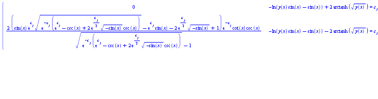 `odetest/PIECEWISE`([0, -ln(y(x)*sin(x)-sin(x))+2*arctanh(y(x)^(1/2)) = c__1], [2*(sin(x)*exp(c__1)*(exp(-c__1)*(exp(c__1)-csc(x)+2*exp((1/2)*c__1)*(-sin(x))^(1/2)*csc(x)))^(1/2)-exp(c__1)*sin(x)-2*exp((1/2)*c__1)*(-sin(x))^(1/2)+1)*exp(-c__1)*cot(x)*csc(x)/((exp(-c__1)*(exp(c__1)-csc(x)+2*exp((1/2)*c__1)*(-sin(x))^(1/2)*csc(x)))^(1/2)-1), -ln(y(x)*sin(x)-sin(x))-2*arctanh(y(x)^(1/2)) = c__1])
