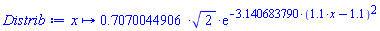 proc (x) options operator, arrow; .7070044906*2^(1/2)*exp(-3.140683790*(1.1*x-1.1)^2) end proc