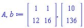A, b := Matrix(2, 2, {(1, 1) = 1, (1, 2) = 1, (2, 1) = 12, (2, 2) = 16}), Vector(2, {(1) = 10, (2) = 136})