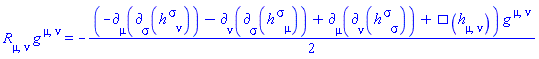R[mu, nu]*Physics:-g_[`~mu`, `~nu`] = -(1/2)*(-Physics:-d_[mu](Physics:-d_[sigma](h[`~sigma`, nu], [X]), [X])-Physics:-d_[nu](Physics:-d_[sigma](h[`~sigma`, mu], [X]), [X])+Physics:-d_[mu](Physics:-d_[nu](h[`~sigma`, sigma], [X]), [X])+Physics:-dAlembertian(h[mu, nu], [X]))*Physics:-g_[`~mu`, `~nu`]