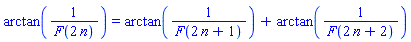 arctan(1/F(2*n)) = arctan(1/F(2*n+1))+arctan(1/F(2*n+2))