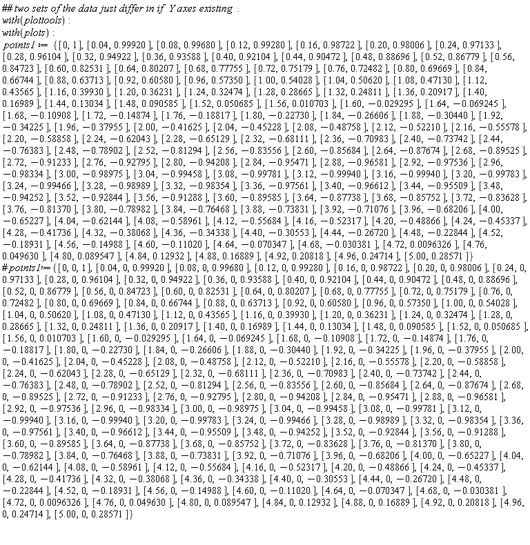 with(plottools); with(plots); points1 := {[0, 1], [0.4e-1, .99920], [0.8e-1, .99680], [.12, .99280], [.16, .98722], [.20, .98006], [.24, .97133], [.28, .96104], [.32, .94922], [.36, .93588], [.40, .92104], [.44, .90472], [.48, .88696], [.52, .86779], [.56, .84723], [.60, .82531], [.64, .80207], [.68, .77755], [.72, .75179], [.76, .72482], [.80, .69669], [.84, .66744], [.88, .63713], [.92, .60580], [.96, .57350], [1.00, .54028], [1.04, .50620], [1.08, .47130], [1.12, .43565], [1.16, .39930], [1.20, .36231], [1.24, .32474], [1.28, .28665], [1.32, .24811], [1.36, .20917], [1.40, .16989], [1.44, .13034], [1.48, 0.90585e-1], [1.52, 0.50685e-1], [1.56, 0.10703e-1], [1.60, -0.29295e-1], [1.64, -0.69245e-1], [1.68, -.10908], [1.72, -.14874], [1.76, -.18817], [1.80, -.22730], [1.84, -.26606], [1.88, -.30440], [1.92, -.34225], [1.96, -.37955], [2.00, -.41625], [2.04, -.45228], [2.08, -.48758], [2.12, -.52210], [2.16, -.55578], [2.20, -.58858], [2.24, -.62043], [2.28, -.65129], [2.32, -.68111], [2.36, -.70983], [2.40, -.73742], [2.44, -.76383], [2.48, -.78902], [2.52, -.81294], [2.56, -.83556], [2.60, -.85684], [2.64, -.87674], [2.68, -.89525], [2.72, -.91233], [2.76, -.92795], [2.80, -.94208], [2.84, -.95471], [2.88, -.96581], [2.92, -.97536], [2.96, -.98334], [3.00, -.98975], [3.04, -.99458], [3.08, -.99781], [3.12, -.99940], [3.16, -.99940], [3.20, -.99783], [3.24, -.99466], [3.28, -.98989], [3.32, -.98354], [3.36, -.97561], [3.40, -.96612], [3.44, -.95509], [3.48, -.94252], [3.52, -.92844], [3.56, -.91288], [3.60, -.89585], [3.64, -.87738], [3.68, -.85752], [3.72, -.83628], [3.76, -.81370], [3.80, -.78982], [3.84, -.76468], [3.88, -.73831], [3.92, -.71076], [3.96, -.68206], [4.00, -.65227], [4.04, -.62144], [4.08, -.58961], [4.12, -.55684], [4.16, -.52317], [4.20, -.48866], [4.24, -.45337], [4.28, -.41736], [4.32, -.38068], [4.36, -.34338], [4.40, -.30553], [4.44, -.26720], [4.48, -.22844], [4.52, -.18931], [4.56, -.14988], [4.60, -.11020], [4.64, -0.70347e-1], [4.68, -0.30381e-1], [4.72, 0.96326e-2], [4.76, 0.49630e-1], [4.80, 0.89547e-1], [4.84, .12932], [4.88, .16889], [4.92, .20818], [4.96, .24714], [5.00, .28571]}