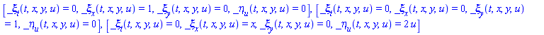 [_xi[t](t, x, y, u) = 0, _xi[x](t, x, y, u) = 1, _xi[y](t, x, y, u) = 0, _eta[u](t, x, y, u) = 0], [_xi[t](t, x, y, u) = 0, _xi[x](t, x, y, u) = 0, _xi[y](t, x, y, u) = 1, _eta[u](t, x, y, u) = 0], [_xi[t](t, x, y, u) = 0, _xi[x](t, x, y, u) = x, _xi[y](t, x, y, u) = 0, _eta[u](t, x, y, u) = 2*u]