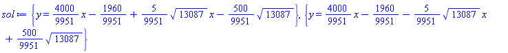 {y = (4000/9951)*x-1960/9951+(5/9951)*13087^(1/2)*x-(500/9951)*13087^(1/2)}, {y = (4000/9951)*x-1960/9951-(5/9951)*13087^(1/2)*x+(500/9951)*13087^(1/2)}