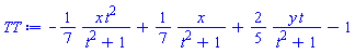 -(1/7)*x*t^2/(t^2+1)+(1/7)*x/(t^2+1)+(2/5)*y*t/(t^2+1)-1