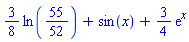 (3/8)*ln(55/52)+sin(x)+(3/4)*exp(x)