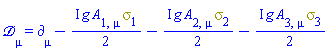 `&Dscr;`[mu] = Physics:-d_[mu]-((1/2)*I)*g*A[1, mu]*Physics:-Psigma[1]-((1/2)*I)*g*A[2, mu]*Physics:-Psigma[2]-((1/2)*I)*g*A[3, mu]*Physics:-Psigma[3]