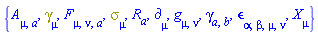 {A[mu, a], Physics:-Dgamma[mu], F[mu, nu, a], Physics:-Psigma[mu], R[a], Physics:-d_[mu], Physics:-g_[mu, nu], Physics:-gamma_[a, b], Physics:-LeviCivita[alpha, beta, mu, nu], Physics:-SpaceTimeVector[mu](X)}