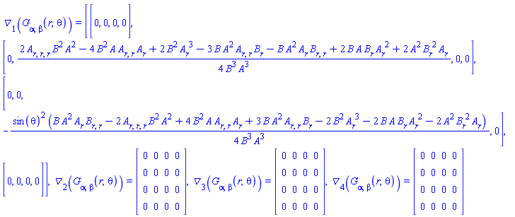 Physics:-D_[1](Physics:-Einstein[alpha, beta](r, theta), [X]) = Matrix(%id = 36893488151928256020), Physics:-D_[2](Physics:-Einstein[alpha, beta](r, theta), [X]) = Matrix(%id = 36893488152498095876), Physics:-D_[3](Physics:-Einstein[alpha, beta](r, theta), [X]) = Matrix(%id = 36893488152498080212), Physics:-D_[4](Physics:-Einstein[alpha, beta](r, theta), [X]) = Matrix(%id = 36893488152498057212)