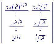 Matrix(3, 2, {(1, 1) = (3/5)*x*(x^2)^(1/3), (1, 2) = (3/5)*x*(x^2)^(1/3), (2, 1) = (2/3)*x^(3/2), (2, 2) = (2/3)*sqrt(x^3), (3, 1) = x^(2/3), (3, 2) = (x^2)^(1/3)})