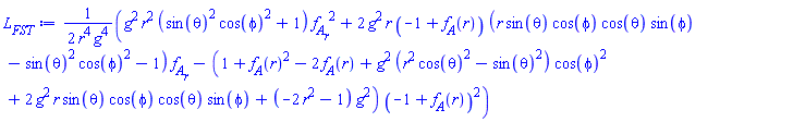 (1/2)*(g^2*r^2*(sin(theta)^2*cos(phi)^2+1)*(diff(f__A(r), r))^2+2*g^2*r*(-1+f__A(r))*(r*sin(theta)*cos(phi)*cos(theta)*sin(phi)-sin(theta)^2*cos(phi)^2-1)*(diff(f__A(r), r))-(1+f__A(r)^2-2*f__A(r)+g^2*(r^2*cos(theta)^2-sin(theta)^2)*cos(phi)^2+2*g^2*r*sin(theta)*cos(phi)*cos(theta)*sin(phi)+(-2*r^2-1)*g^2)*(-1+f__A(r))^2)/(r^4*g^4)