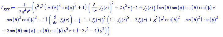 (1/2)*(g^2*r^2*(sin(theta)^2*cos(phi)^2+1)*(diff(f__A(r), r))^2+2*g^2*r*(-1+f__A(r))*(sin(theta)*sin(phi)*cos(theta)*cos(phi)*r-sin(theta)^2*cos(phi)^2-1)*(diff(f__A(r), r))-(-1+f__A(r))^2*(1+f__A(r)^2-2*f__A(r)+g^2*(r^2*cos(theta)^2-sin(theta)^2)*cos(phi)^2+2*sin(theta)*sin(phi)*cos(theta)*cos(phi)*g^2*r+(-2*r^2-1)*g^2))/(g^4*r^4)