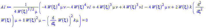 (1/4)*(-4*W(xi)^4*mu*v-4*W(xi)^4*v1+4*W(xi)^3*mu*v+4*W(xi)^3*v1-4*W(xi)^2*mu*v+2*W(xi)*k*(diff(diff(W(xi), xi), xi))*mu+8*W(xi)^2*mu-(diff(W(xi), xi))^2*k*mu)/(W(xi)^(3/2)*mu) = 0