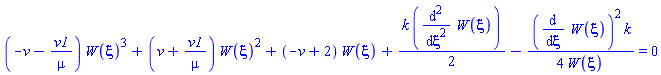 (-v-v1/mu)*W(xi)^3+(v+v1/mu)*W(xi)^2+(-v+2)*W(xi)+(1/2)*k*(diff(diff(W(xi), xi), xi))-(1/4)*(diff(W(xi), xi))^2*k/W(xi) = 0