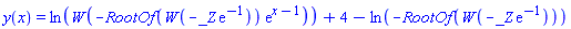y(x) = ln(LambertW(-RootOf(LambertW(-_Z*exp(-1)))*exp(x-1)))+4-ln(-RootOf(LambertW(-_Z*exp(-1))))