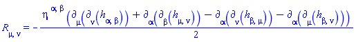 Physics:-Ricci[mu, nu] = -(1/2)*eta[`~alpha`, `~beta`]*(Physics:-d_[mu](Physics:-d_[nu](h[alpha, beta], [X]), [X])+Physics:-d_[alpha](Physics:-d_[beta](h[mu, nu], [X]), [X])-Physics:-d_[alpha](Physics:-d_[nu](h[beta, mu], [X]), [X])-Physics:-d_[alpha](Physics:-d_[mu](h[beta, nu], [X]), [X]))
