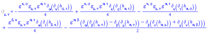 %Einstein[mu, nu] = -(1/4)*Physics:-g_[`~kappa`, `~sigma`]*Physics:-g_[mu, nu]*Physics:-g_[`~alpha`, `~tau`]*Physics:-d_[alpha](Physics:-d_[kappa](h[sigma, tau], [X]), [X])+(1/4)*Physics:-g_[`~kappa`, `~sigma`]*Physics:-g_[mu, nu]*Physics:-g_[`~alpha`, `~tau`]*Physics:-d_[kappa](Physics:-d_[sigma](h[alpha, tau], [X]), [X])-(1/4)*Physics:-g_[`~kappa`, `~sigma`]*Physics:-g_[mu, nu]*Physics:-g_[`~alpha`, `~tau`]*Physics:-d_[kappa](Physics:-d_[tau](h[alpha, sigma], [X]), [X])+(1/4)*Physics:-g_[`~beta`, `~kappa`]*Physics:-g_[mu, nu]*Physics:-g_[`~alpha`, `~tau`]*Physics:-d_[alpha](Physics:-d_[tau](h[beta, kappa], [X]), [X])-(1/2)*Physics:-g_[`~alpha`, `~beta`]*(Physics:-d_[alpha](Physics:-d_[beta](h[mu, nu], [X]), [X])-Physics:-d_[beta](Physics:-d_[mu](h[alpha, nu], [X]), [X])-Physics:-d_[beta](Physics:-d_[nu](h[alpha, mu], [X]), [X])+Physics:-d_[mu](Physics:-d_[nu](h[alpha, beta], [X]), [X]))