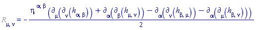 %Ricci[mu, nu] = -(1/2)*eta[`~alpha`, `~beta`]*(Physics:-d_[mu](Physics:-d_[nu](h[alpha, beta], [X]), [X])+Physics:-d_[alpha](Physics:-d_[beta](h[mu, nu], [X]), [X])-Physics:-d_[alpha](Physics:-d_[nu](h[beta, mu], [X]), [X])-Physics:-d_[alpha](Physics:-d_[mu](h[beta, nu], [X]), [X]))