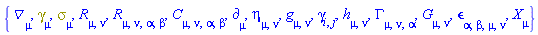 {Physics:-D_[mu], Physics:-Dgamma[mu], Physics:-Psigma[mu], Physics:-Ricci[mu, nu], Physics:-Riemann[mu, nu, alpha, beta], Physics:-Weyl[mu, nu, alpha, beta], Physics:-d_[mu], eta[mu, nu], Physics:-g_[mu, nu], Physics:-gamma_[i, j], h[mu, nu], Physics:-Christoffel[mu, nu, alpha], Physics:-Einstein[mu, nu], Physics:-LeviCivita[alpha, beta, mu, nu], Physics:-SpaceTimeVector[mu](X)}