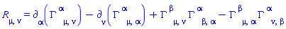 Physics:-Ricci[mu, nu] = Physics:-d_[alpha](Physics:-Christoffel[`~alpha`, mu, nu], [X])-Physics:-d_[nu](Physics:-Christoffel[`~alpha`, mu, alpha], [X])+Physics:-Christoffel[`~beta`, mu, nu]*Physics:-Christoffel[`~alpha`, beta, alpha]-Physics:-Christoffel[`~beta`, mu, alpha]*Physics:-Christoffel[`~alpha`, nu, beta]