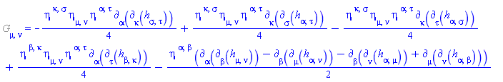 %Einstein[mu, nu] = -(1/4)*eta[`~kappa`, `~sigma`]*eta[mu, nu]*eta[`~alpha`, `~tau`]*Physics:-d_[alpha](Physics:-d_[kappa](h[sigma, tau], [X]), [X])+(1/4)*eta[`~kappa`, `~sigma`]*eta[mu, nu]*eta[`~alpha`, `~tau`]*Physics:-d_[kappa](Physics:-d_[sigma](h[alpha, tau], [X]), [X])-(1/4)*eta[`~kappa`, `~sigma`]*eta[mu, nu]*eta[`~alpha`, `~tau`]*Physics:-d_[kappa](Physics:-d_[tau](h[alpha, sigma], [X]), [X])+(1/4)*eta[`~beta`, `~kappa`]*eta[mu, nu]*eta[`~alpha`, `~tau`]*Physics:-d_[alpha](Physics:-d_[tau](h[beta, kappa], [X]), [X])-(1/2)*eta[`~alpha`, `~beta`]*(Physics:-d_[alpha](Physics:-d_[beta](h[mu, nu], [X]), [X])-Physics:-d_[beta](Physics:-d_[mu](h[alpha, nu], [X]), [X])-Physics:-d_[beta](Physics:-d_[nu](h[alpha, mu], [X]), [X])+Physics:-d_[mu](Physics:-d_[nu](h[alpha, beta], [X]), [X]))