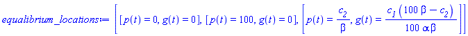 [[p(t) = 0, g(t) = 0], [p(t) = 100, g(t) = 0], [p(t) = c__2/beta, g(t) = (1/100)*c__1*(100*beta-c__2)/(alpha*beta)]]