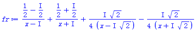 (1/2-(1/2)*I)/(x-I)+(1/2+(1/2)*I)/(x+I)+((1/4)*I)*2^(1/2)/(x-I*2^(1/2))-((1/4)*I)*2^(1/2)/(x+I*2^(1/2))